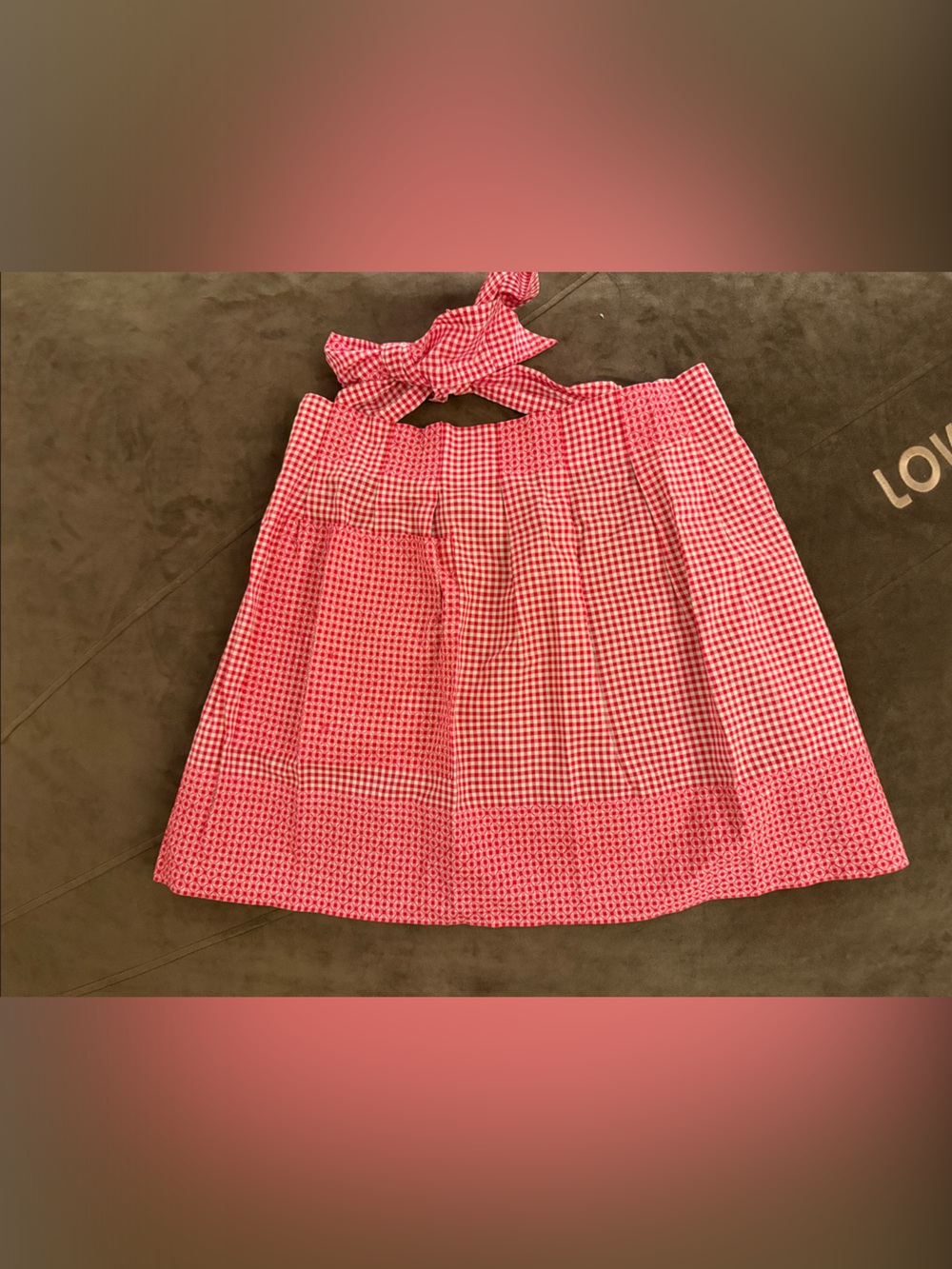 Hand smocked embroidery detail red & white Gingham Apron